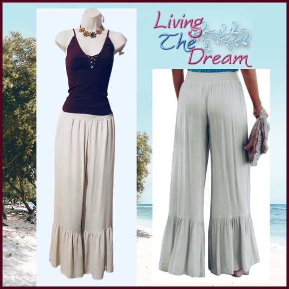 CREAM SMOCKED HIGH WAIST RUFFLED WIDE-LEG BOHO PANTS - Picture 5 of 6